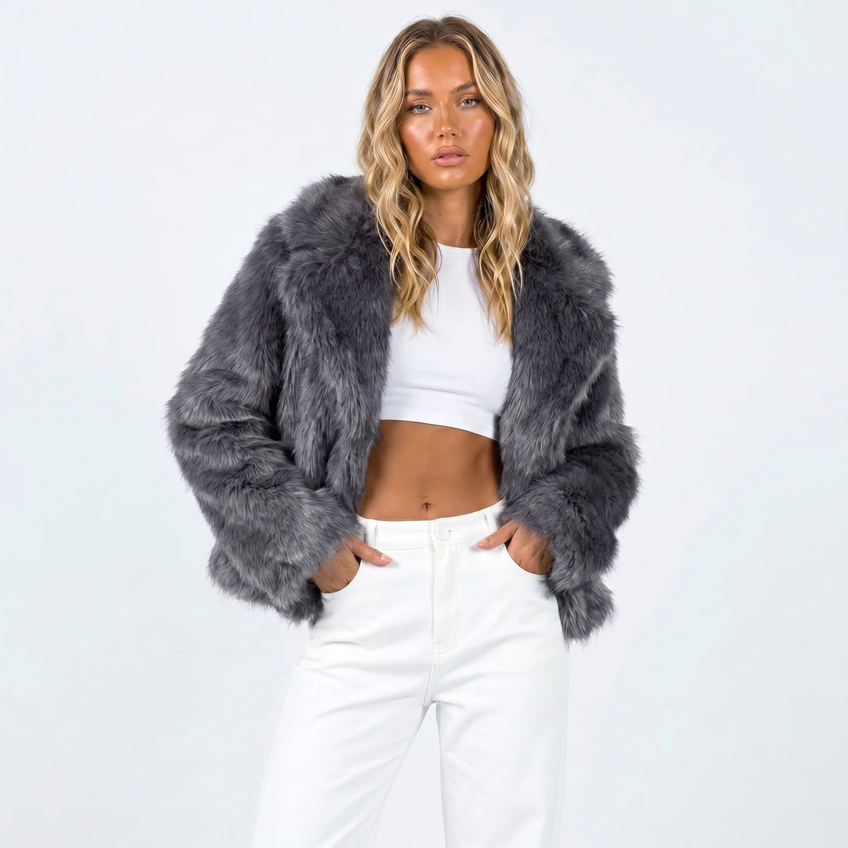 Women's gray cropped faux fur jacket