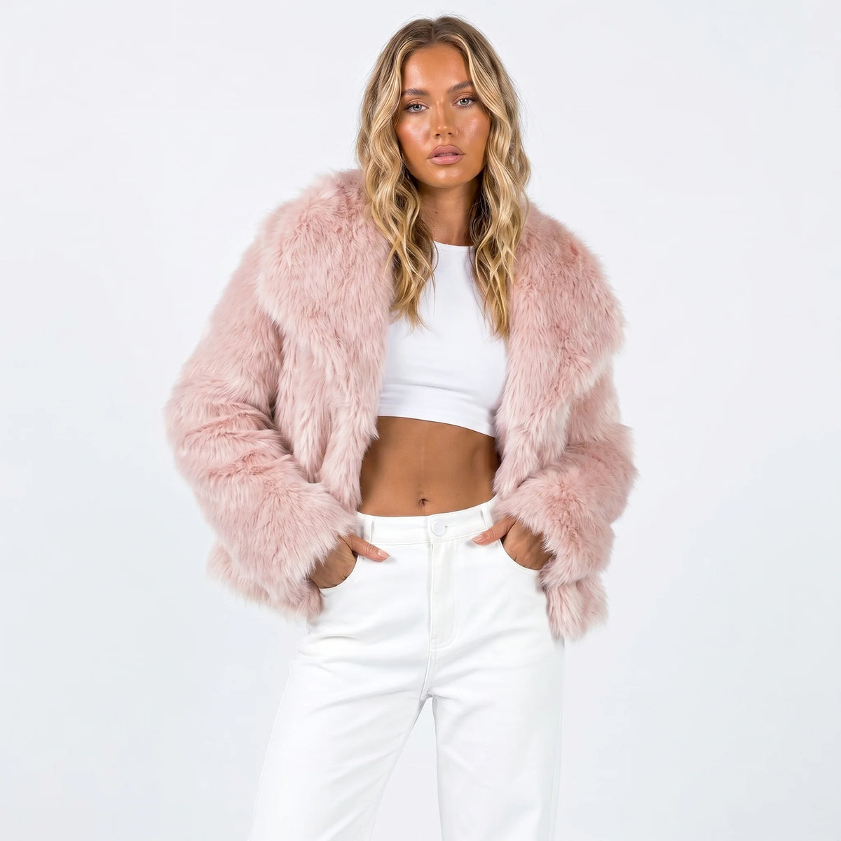 Women's blush cropped faux fur jacket