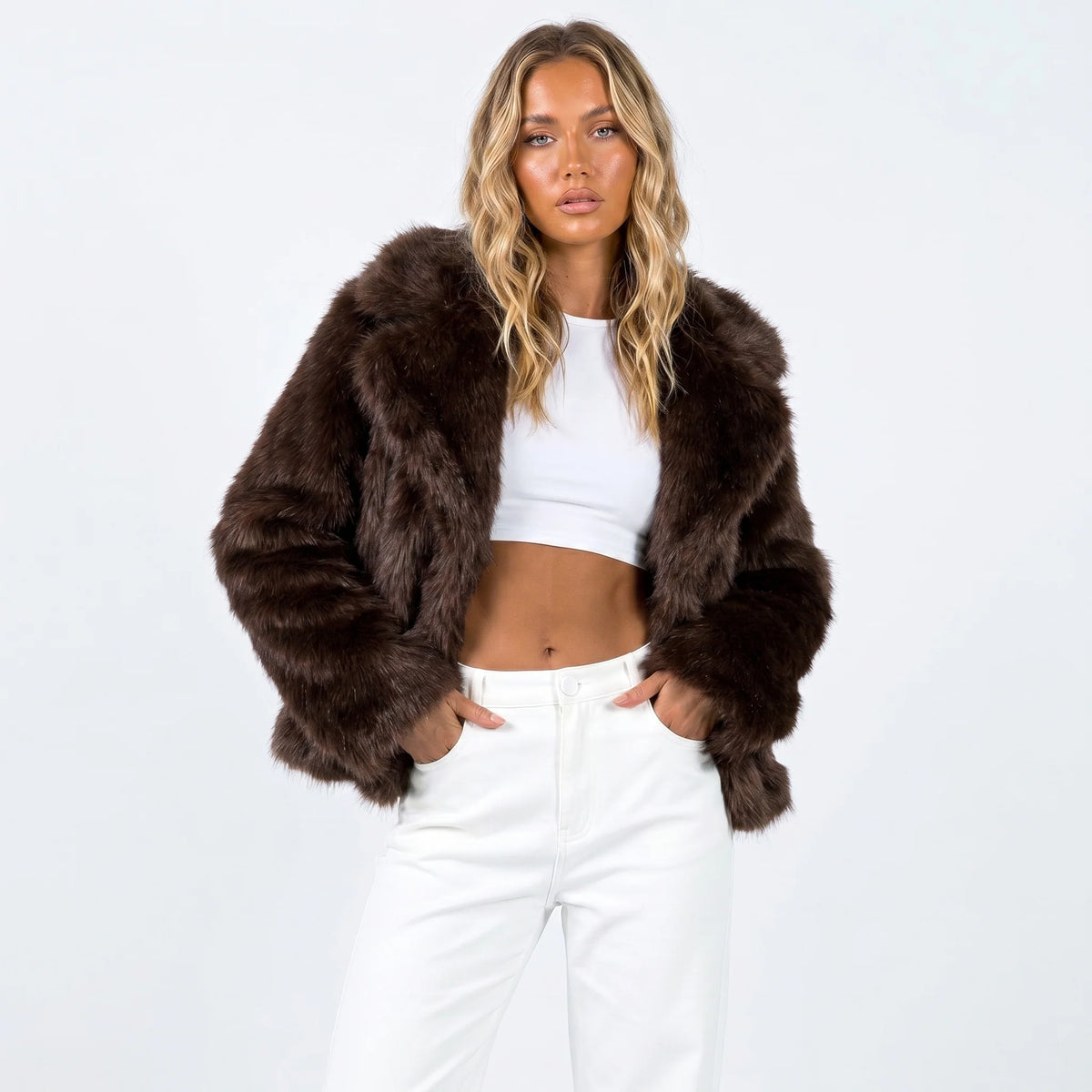 Women's chocolate cropped faux fur jacket