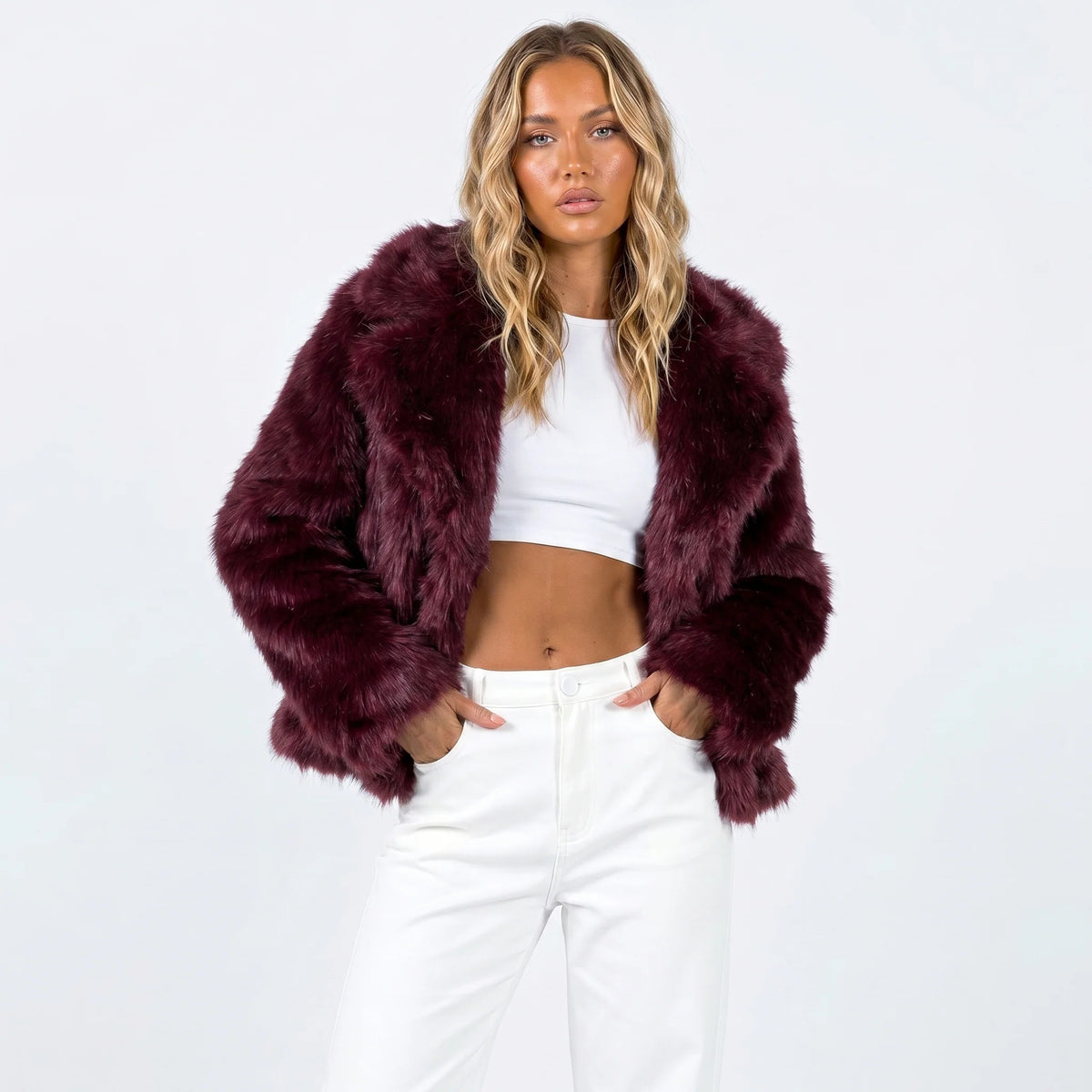Women's burgundy cropped faux fur jacket
