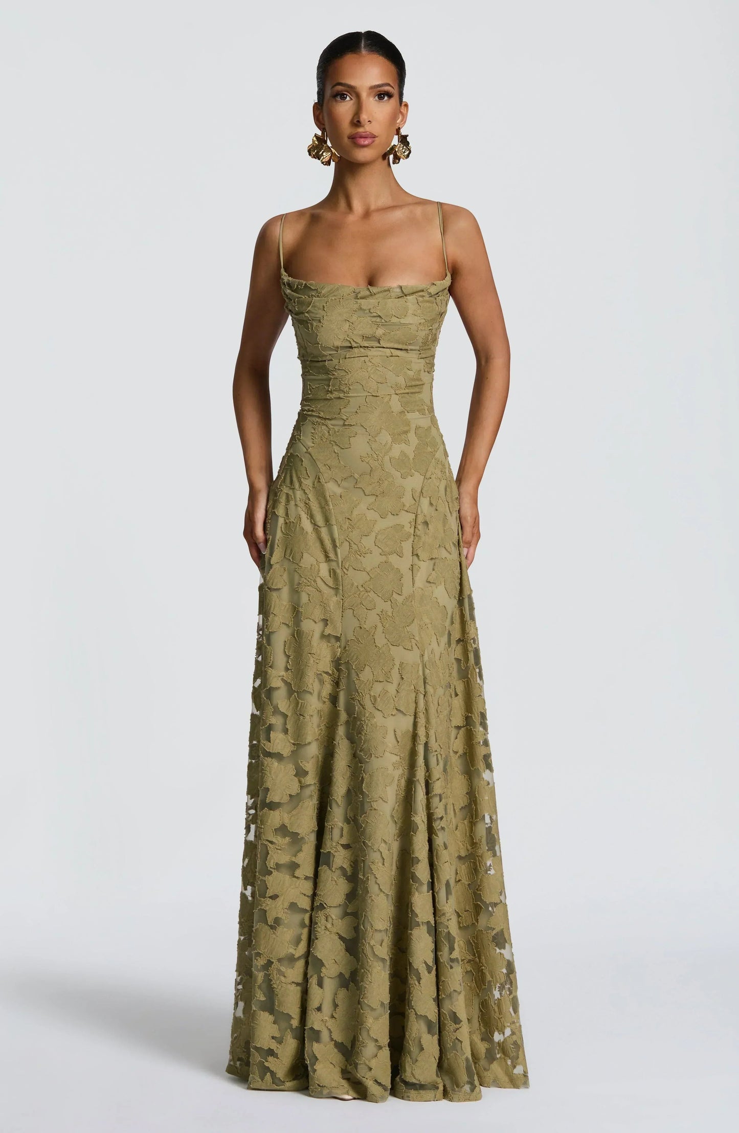 Sage Draped Elegant Maxi Dress for Evening Occasions