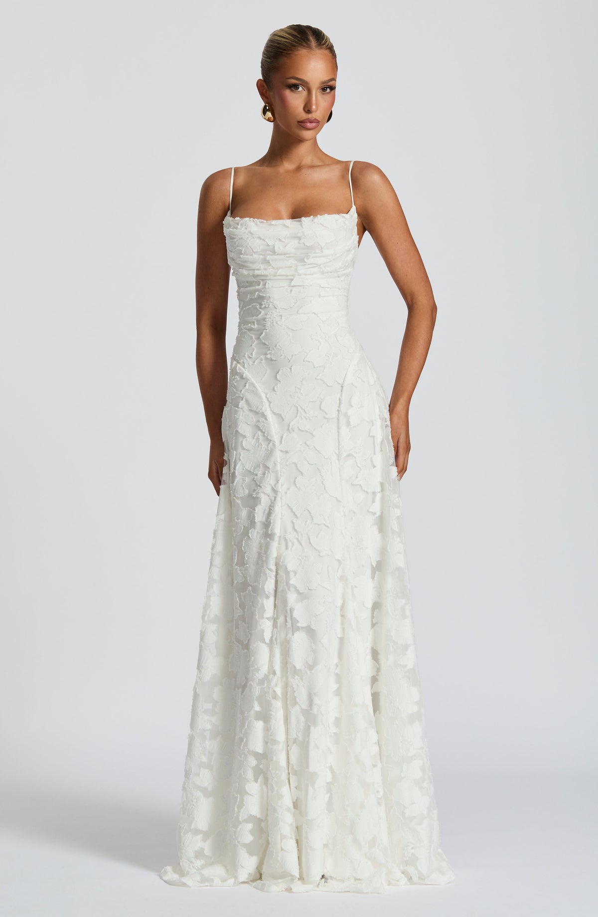 Ivory Draped Elegant Maxi Dress for Evening Occasions