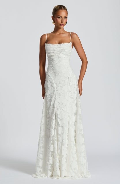 Ivory Draped Elegant Maxi Dress for Evening Occasions