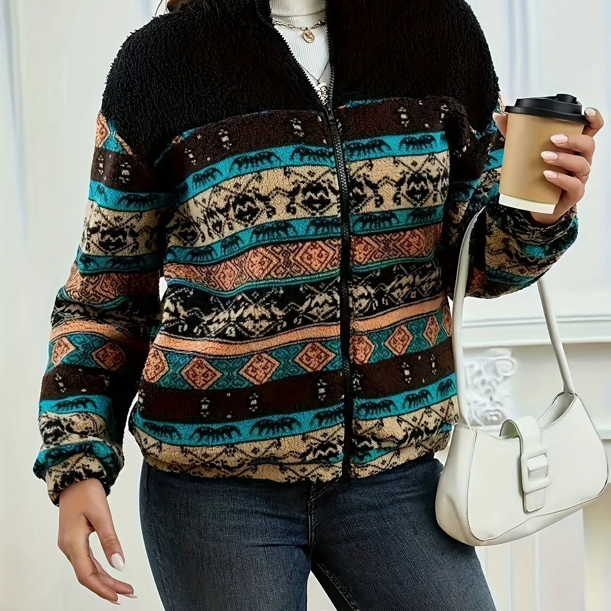 Women's Patterned Zip Jacket, Fall Layering Piece
