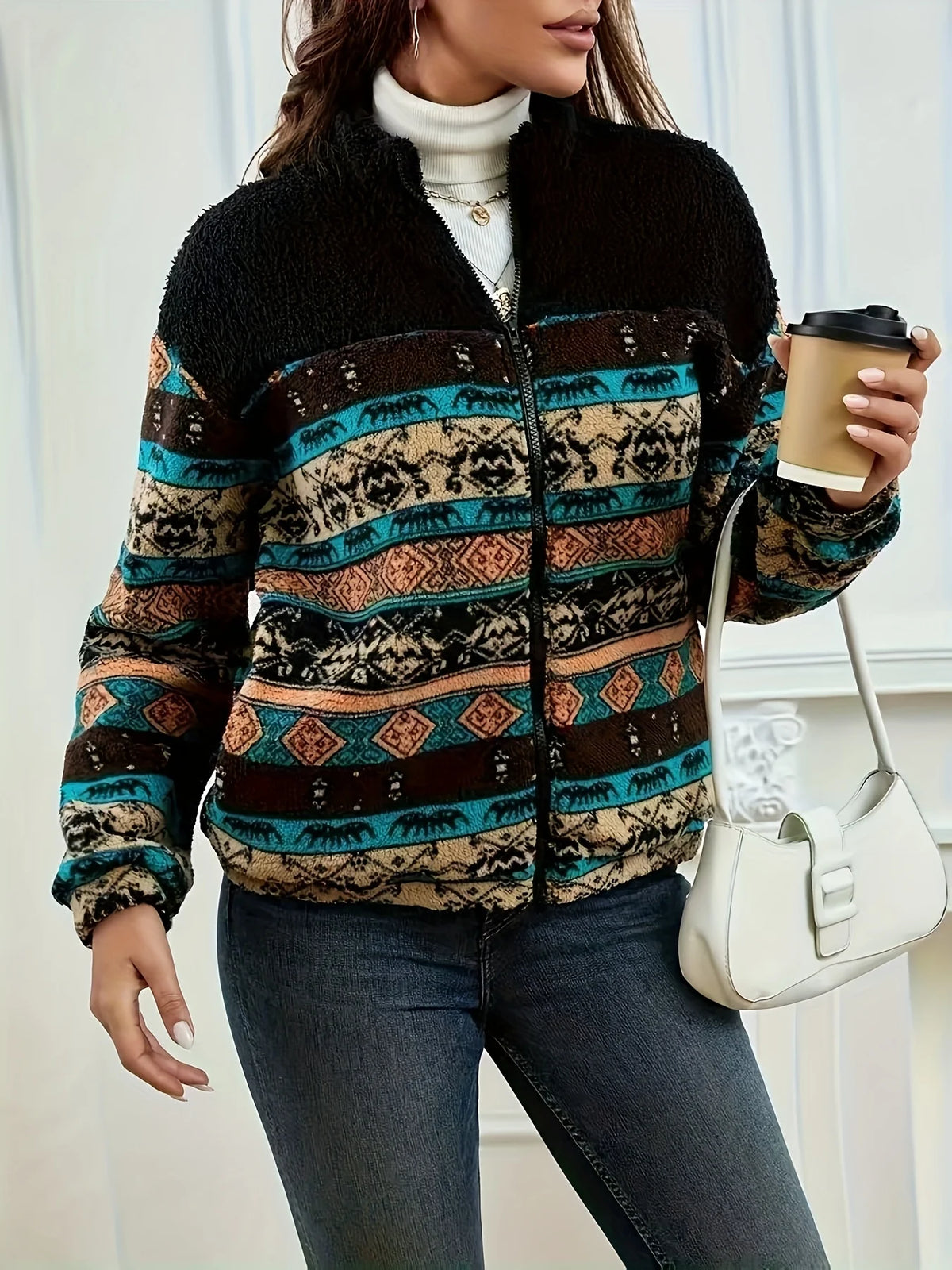 Women's Patterned Zip Jacket, Fall Layering Piece