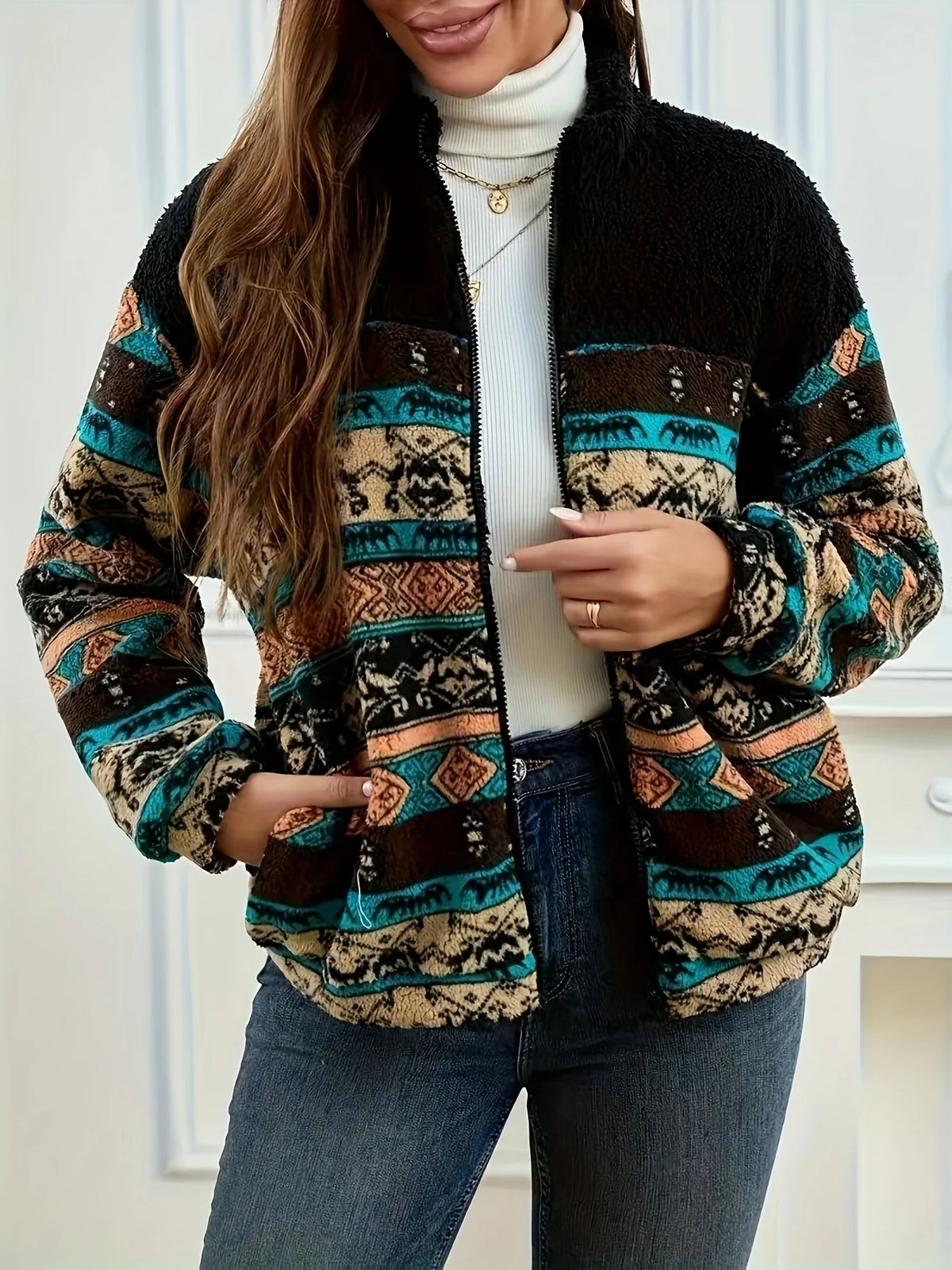 Women's Patterned Zip Jacket, Fall Layering Piece