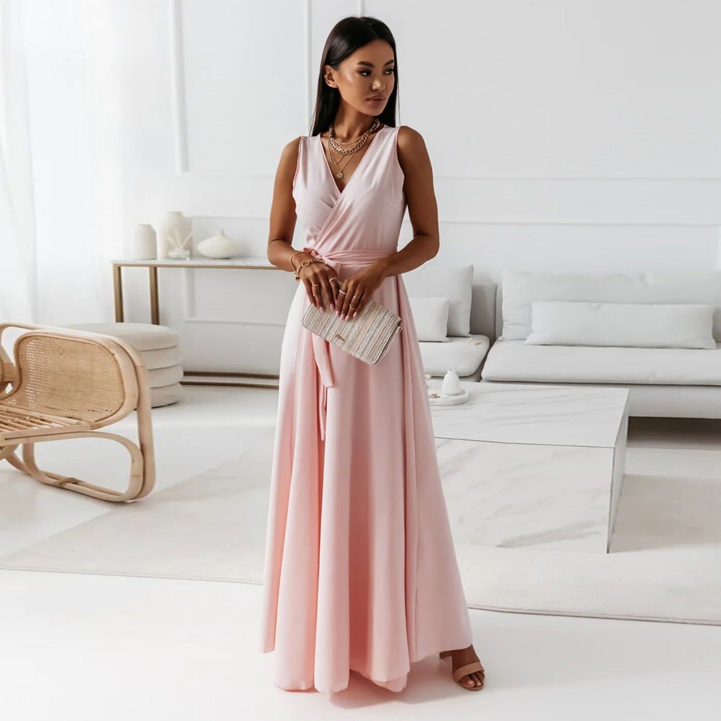Pale Pink Sleeveless Wrap Maxi Dress for Weddings and Evening