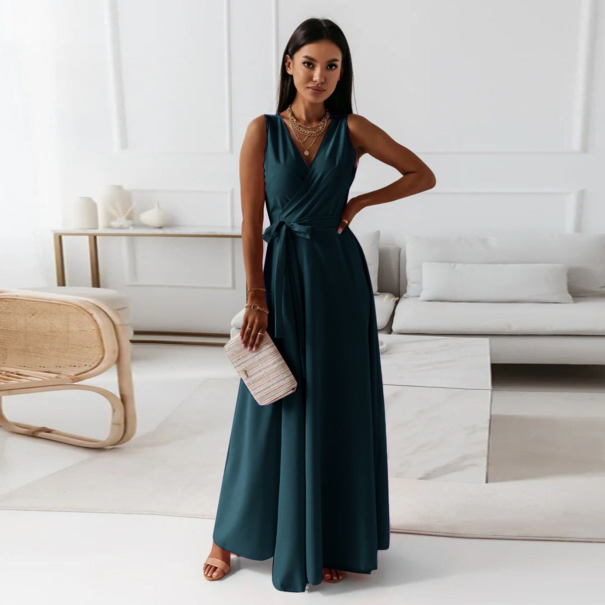 Dark Green Sleeveless Wrap Maxi Dress for Weddings and Evening