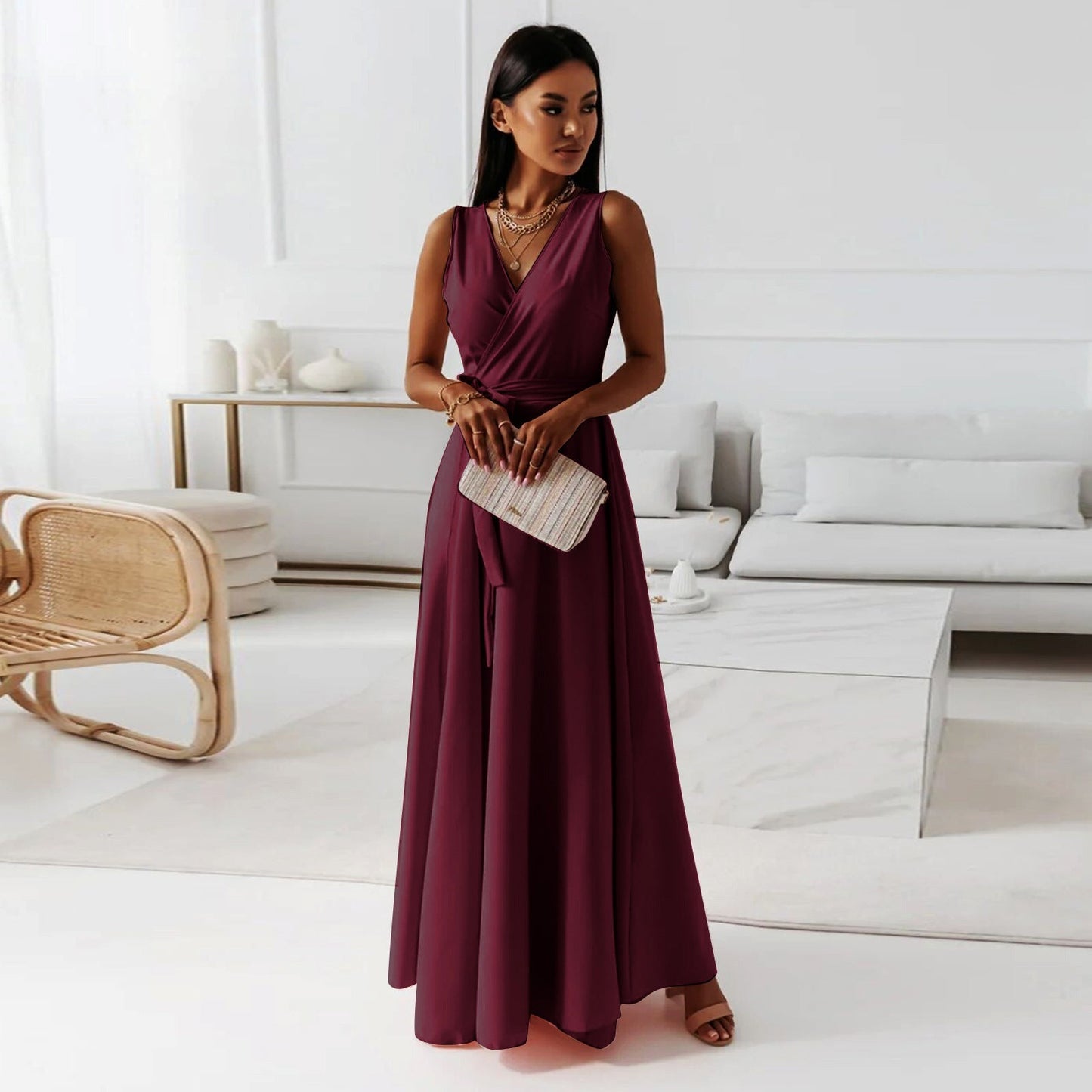 Burgundy Sleeveless Wrap Maxi Dress for Weddings and Evening
