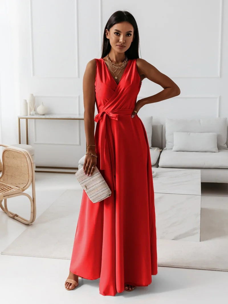 Red Sleeveless Wrap Maxi Dress for Weddings and Evening