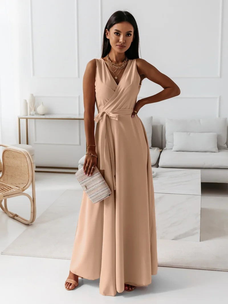 Khaki Sleeveless Wrap Maxi Dress for Weddings and Evening