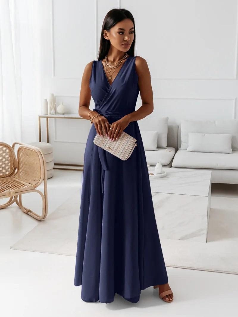 Navy Blue Sleeveless Wrap Maxi Dress for Weddings and Evening