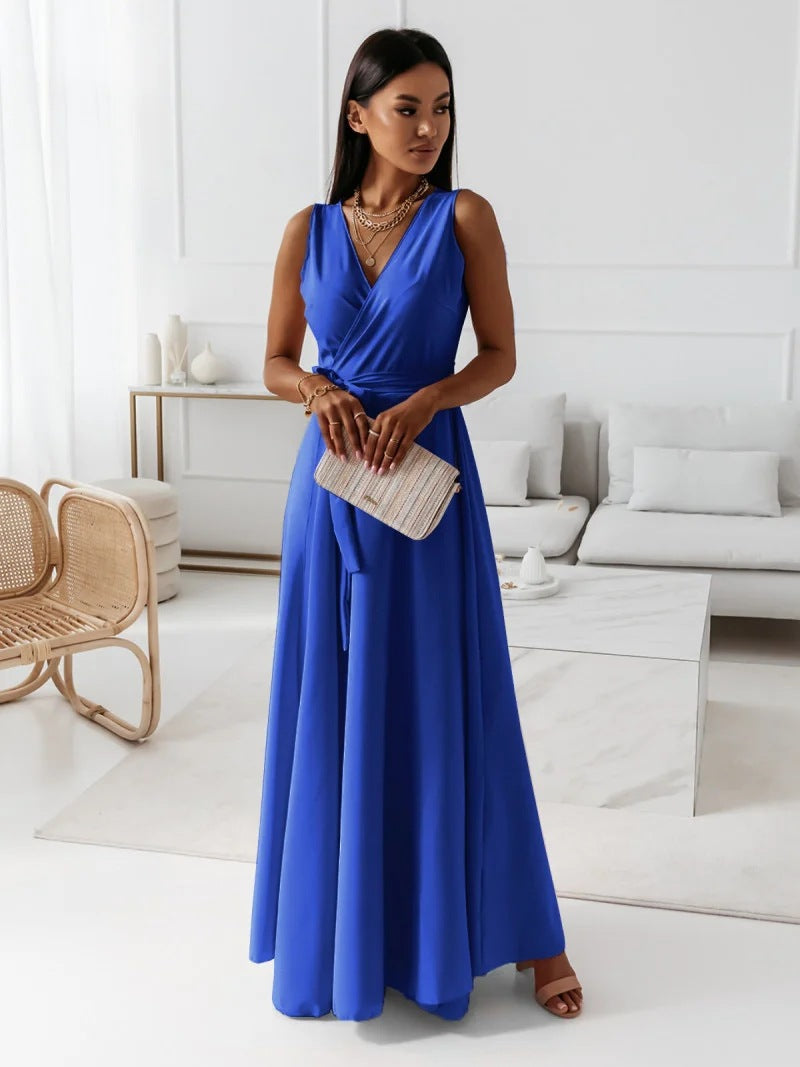 Blue Sleeveless Wrap Maxi Dress for Weddings and Evening
