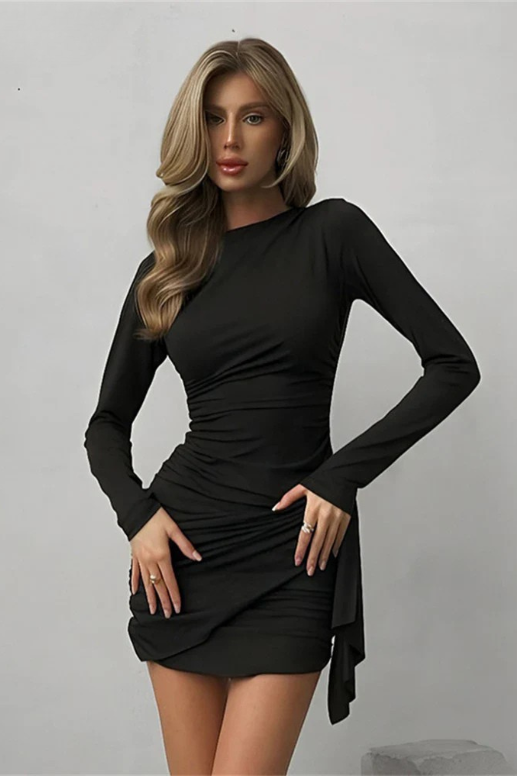 Women's brown long sleeve ruched wrap mini wedding guest dress