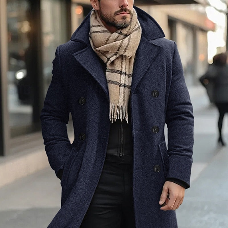 Navy Blue Men's Double-Breasted Tailored Overcoat