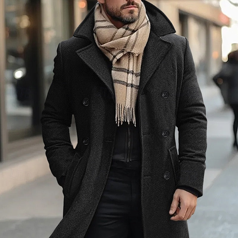 Black Men's Double-Breasted Tailored Overcoat
