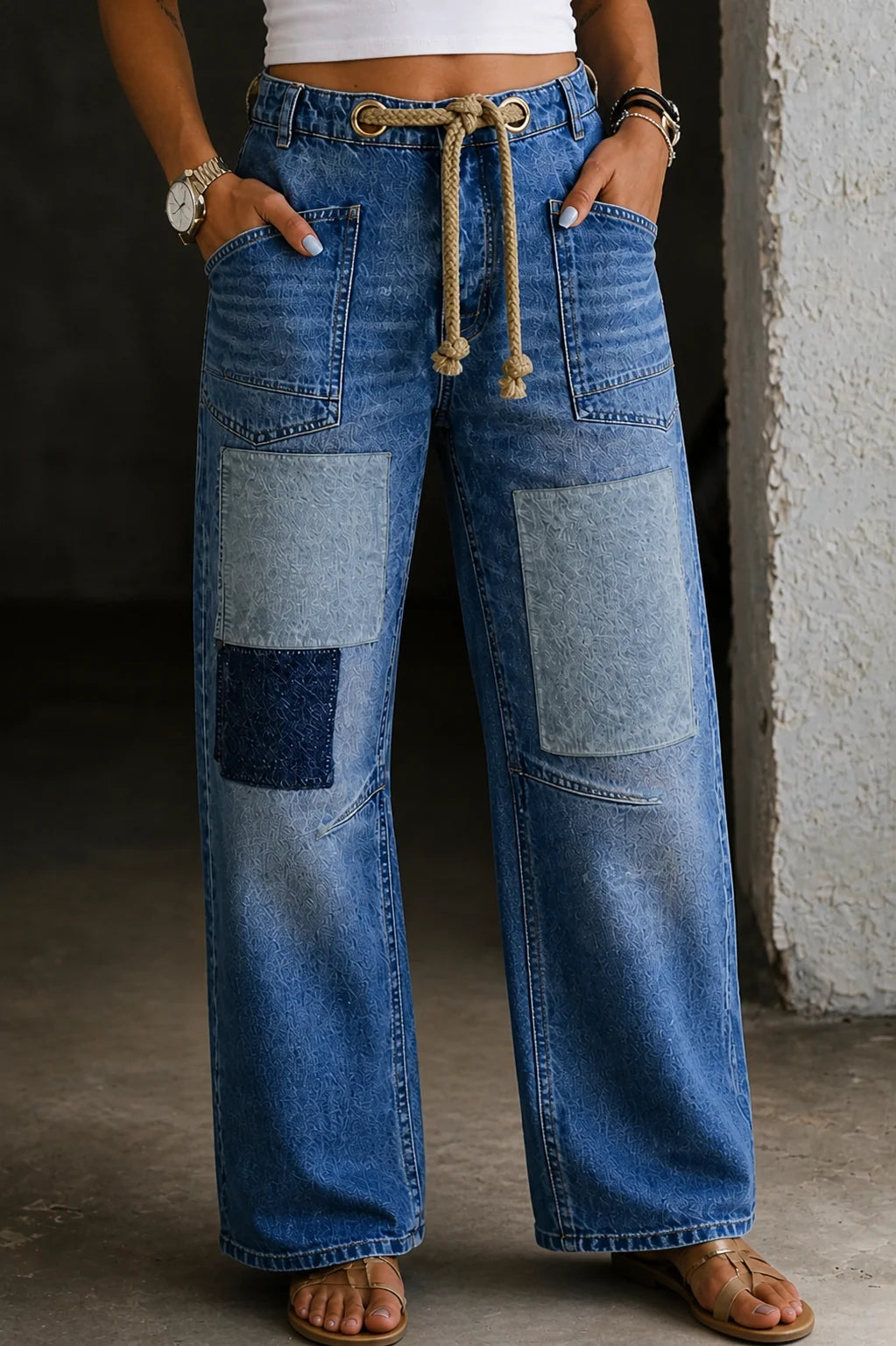 Women's blue wide-leg patchwork drawstring jeans