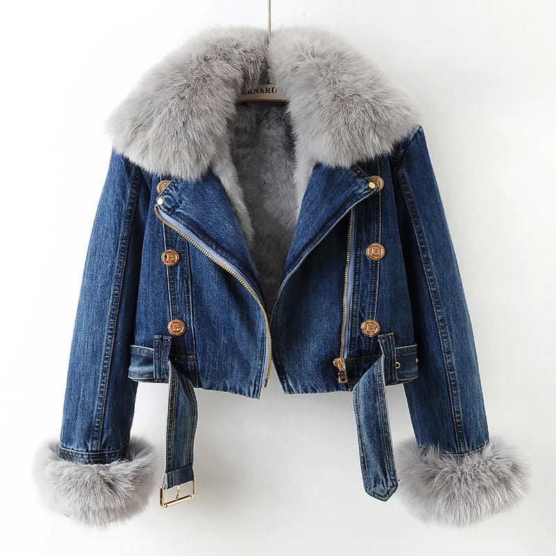 Women's dark blue cropped denim jacket with removable lining