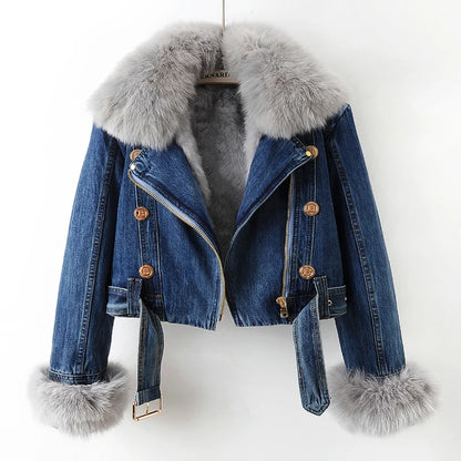 Women's dark blue cropped denim jacket with removable lining