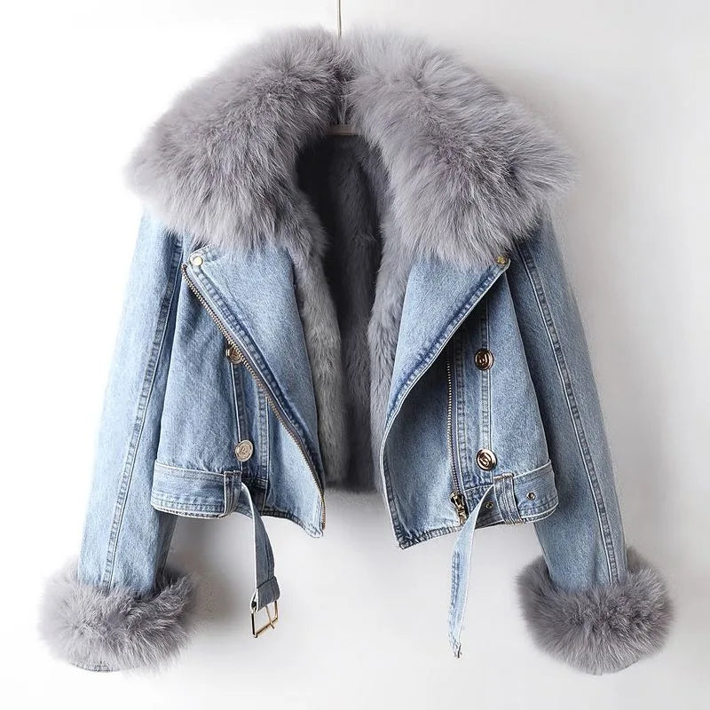 Women's light blue cropped denim jacket with removable lining