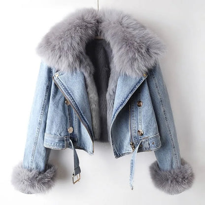 Women's light blue cropped denim jacket with removable lining