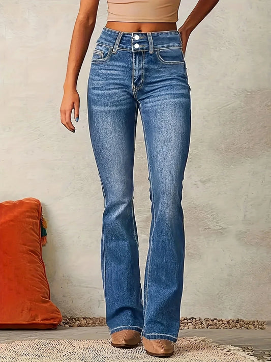 Women's blue high-rise flare jeans in structured denim
