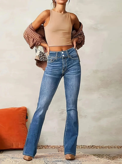 Women's blue high-rise flare jeans in structured denim