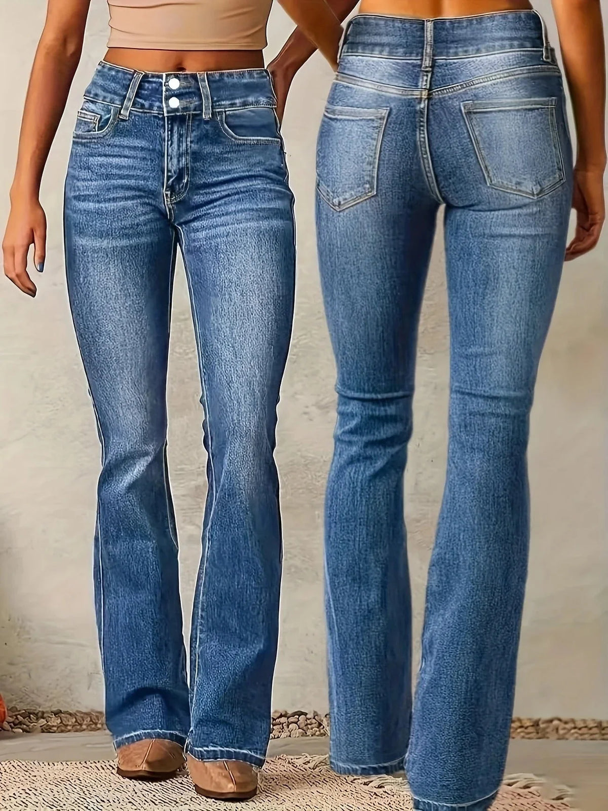 Women's blue high-rise flare jeans in structured denim