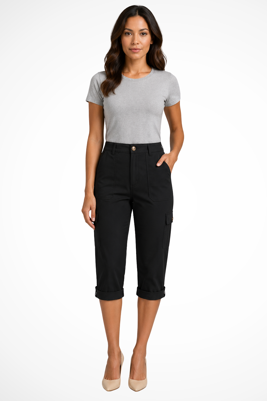 Women's black cargo cropped trousers with roll-up hem