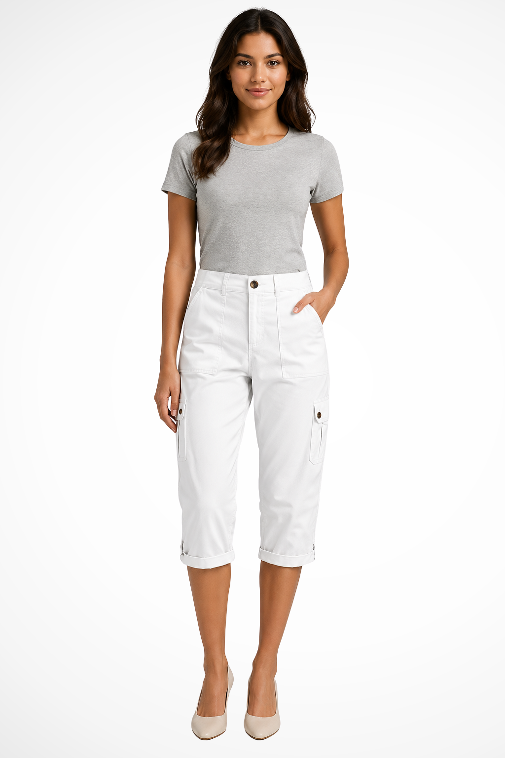 Women's army green cargo cropped trousers with roll-up hem