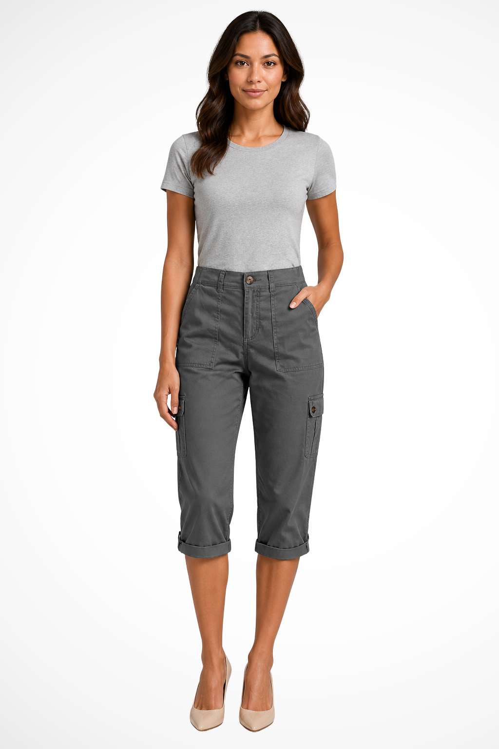 Women's khaki cargo cropped trousers with roll-up hem