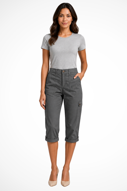 Women's khaki cargo cropped trousers with roll-up hem