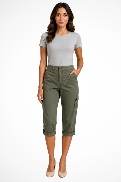 Women's coffee cargo cropped trousers with roll-up hem