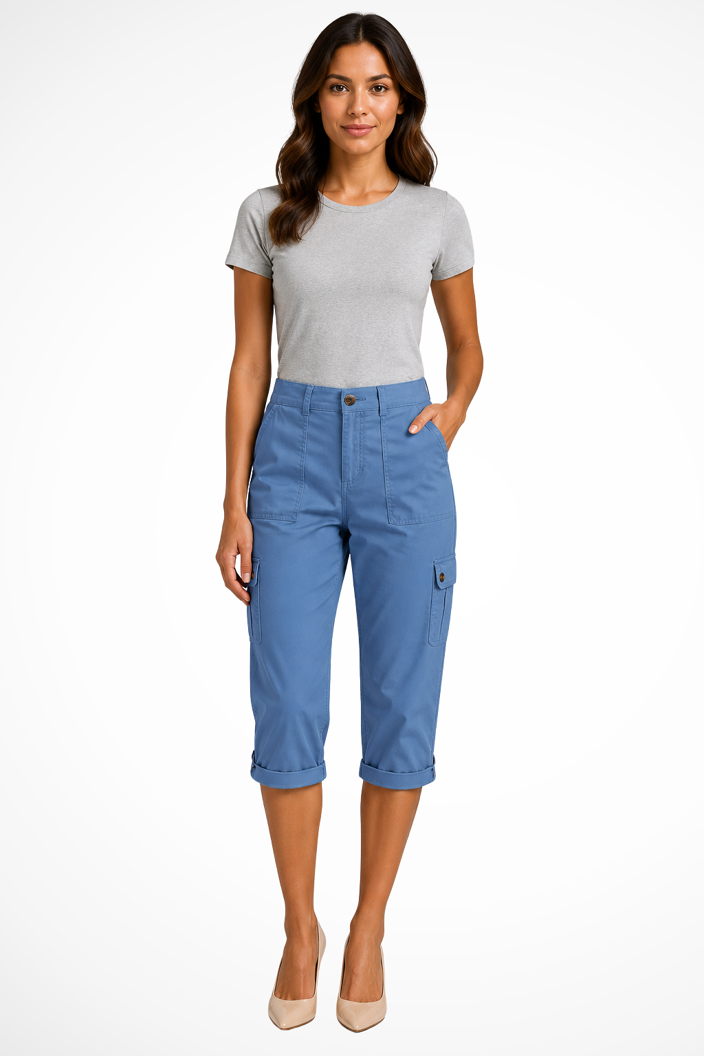Women's blue cargo cropped trousers with roll-up hem