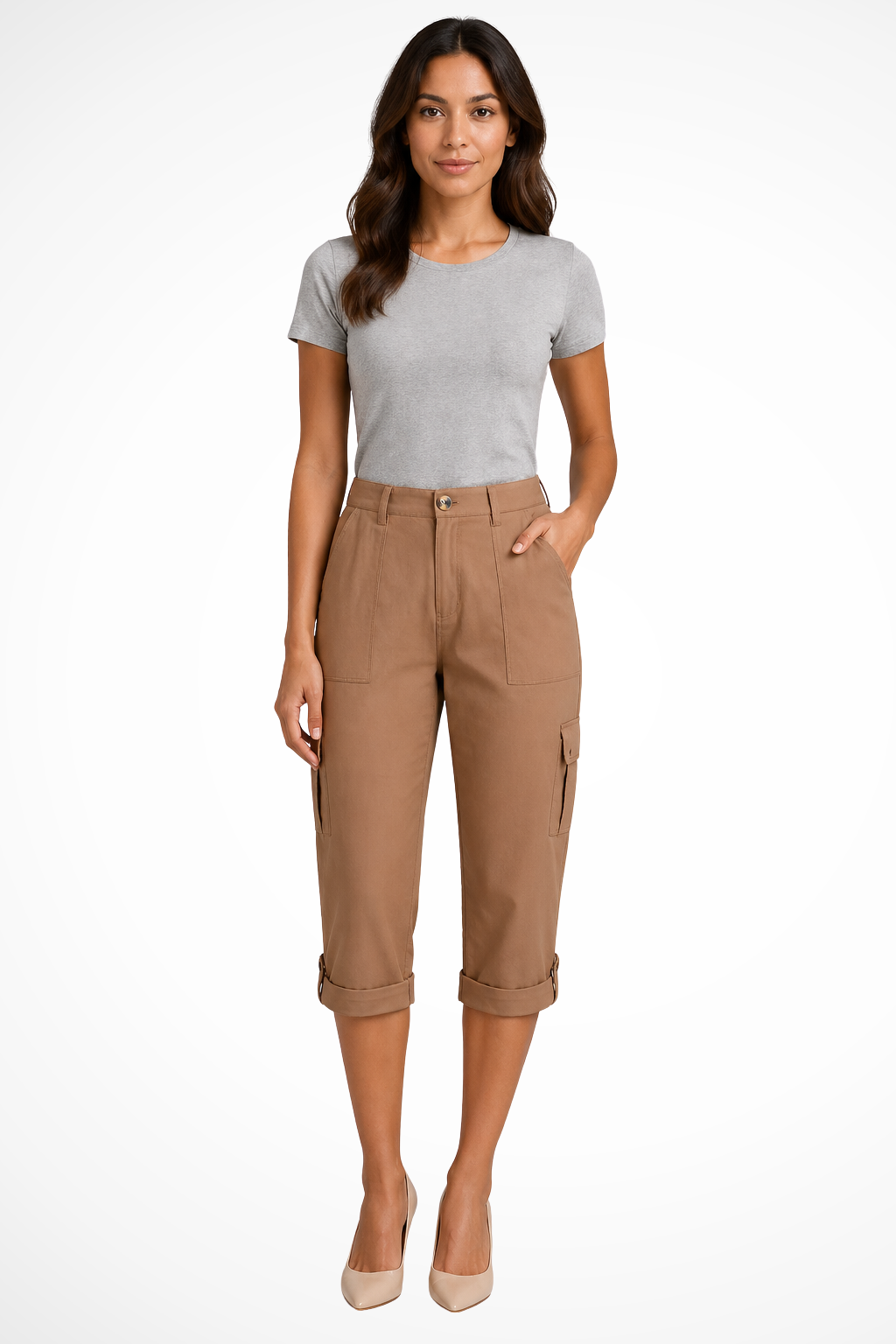 Women's light blue cargo cropped trousers with roll-up hem