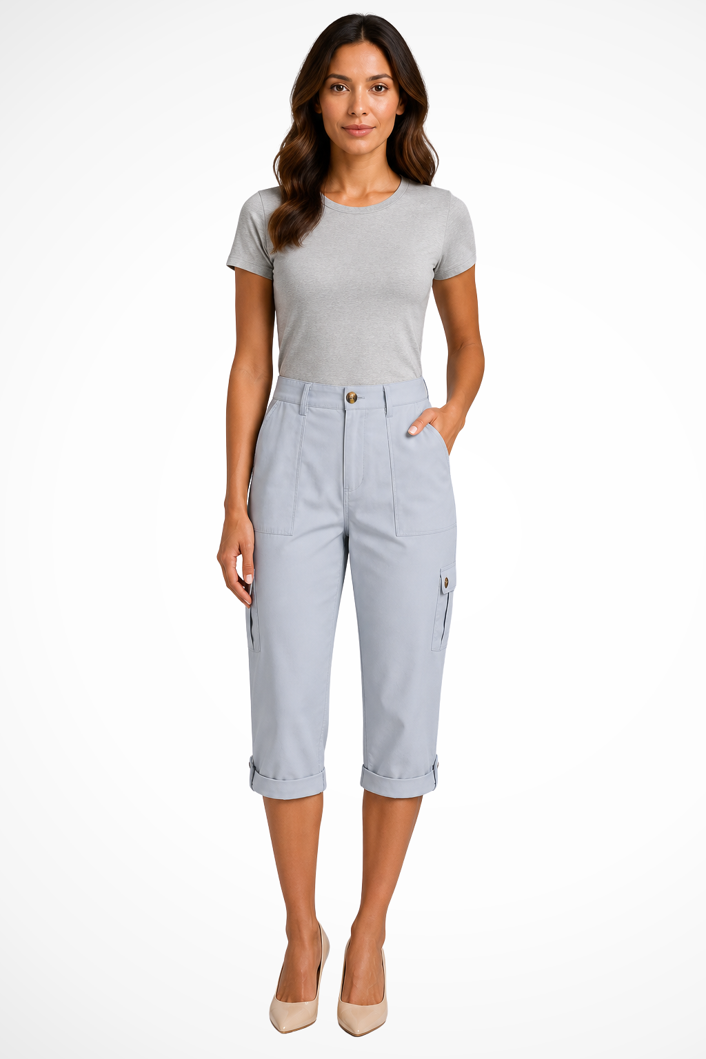 Women's dark gray cargo cropped trousers with roll-up hem