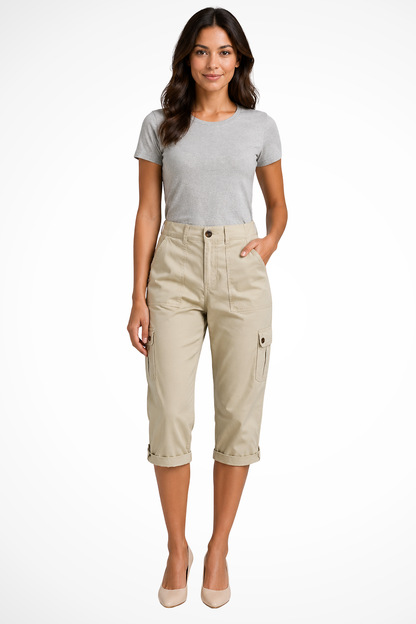 Women's white cargo cropped trousers with roll-up hem
