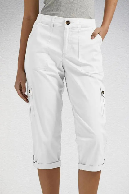 Women's black cargo cropped trousers with roll-up hem