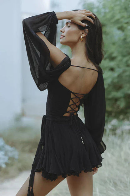 Tie-Waist Balloon-Sleeve Mini Dress with Ruffle Detail – view 2