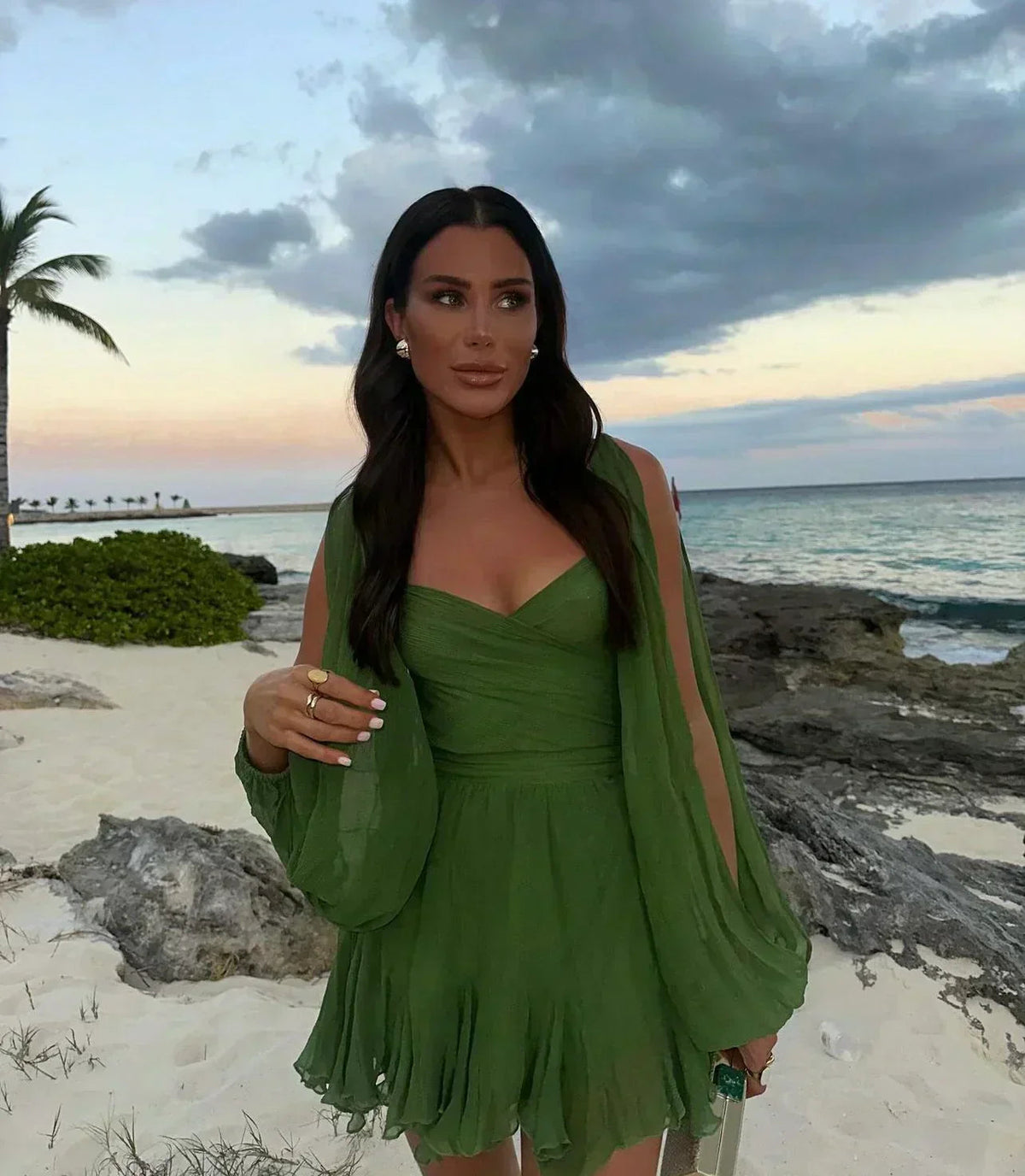 Green Tie-Waist Balloon-Sleeve Mini Dress with Ruffle Detail