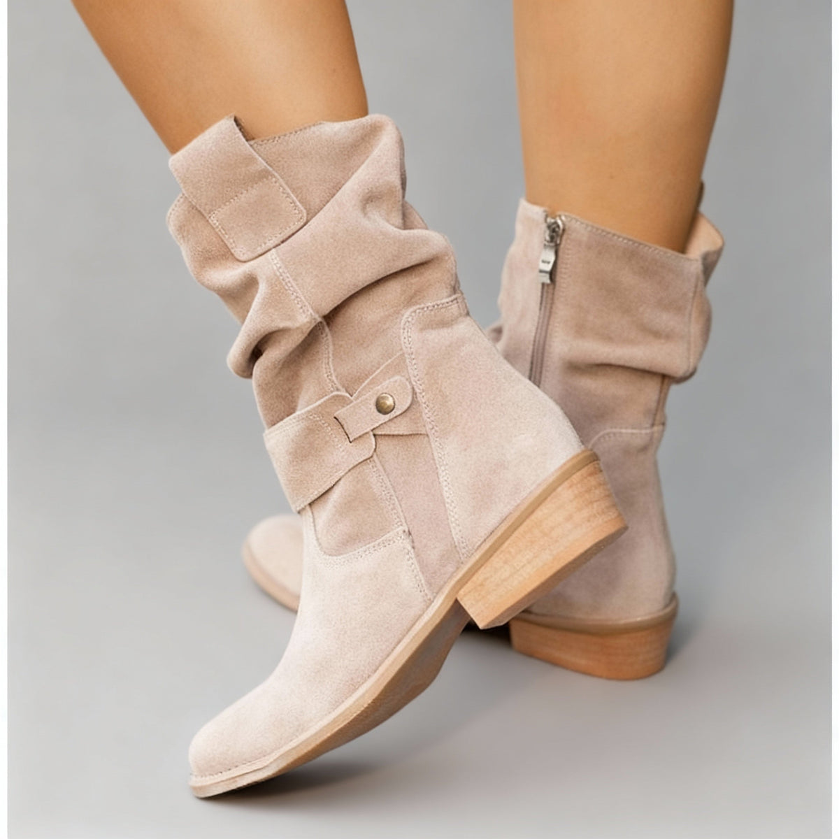 Suede Beige Slouchy Block-Heel Mid-Calf Boots