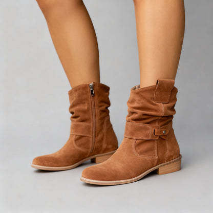 Texan Brown Slouchy Block-Heel Mid-Calf Boots