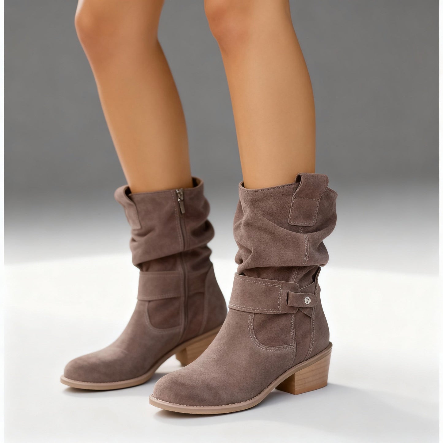 Alabaster Beige Slouchy Block-Heel Mid-Calf Boots