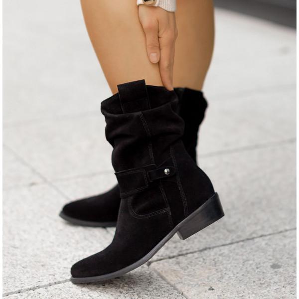 Manhattan Black Slouchy Block-Heel Mid-Calf Boots