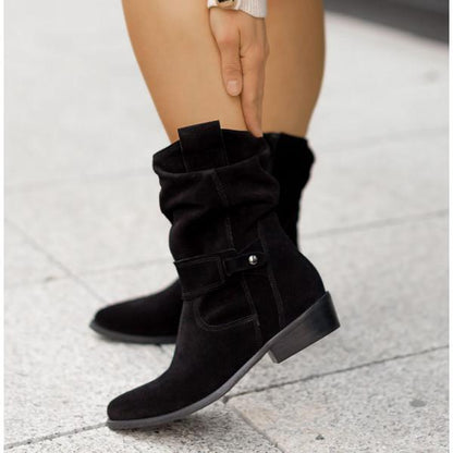 Manhattan Black Slouchy Block-Heel Mid-Calf Boots