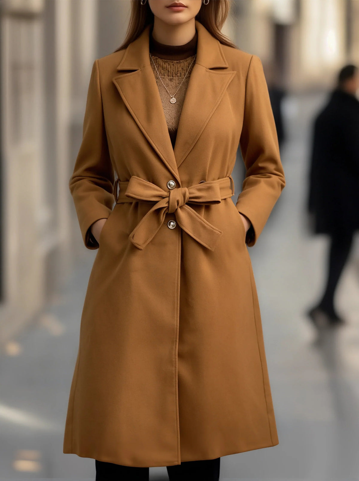 Camel Belted Double-Breasted Everyday Trench Coat