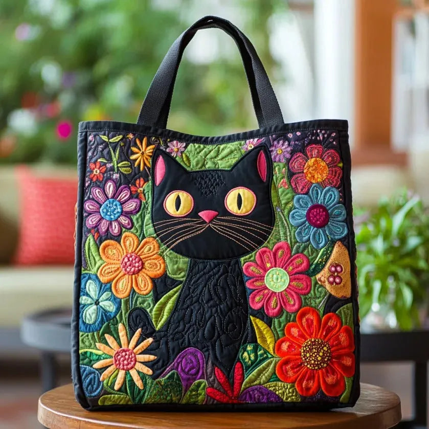 Multicolor Floral Cat Print Canvas Tote Bag