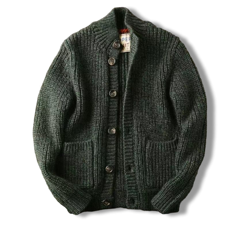 Men's army green chunky knit stand collar cardigan
