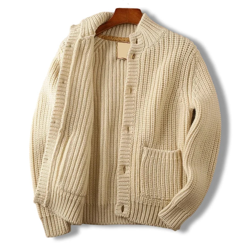Men's beige chunky knit stand collar cardigan