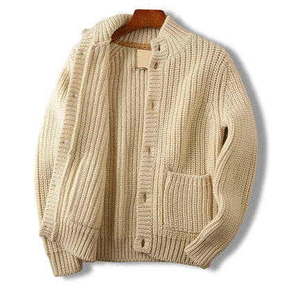 Men's beige chunky knit stand collar cardigan
